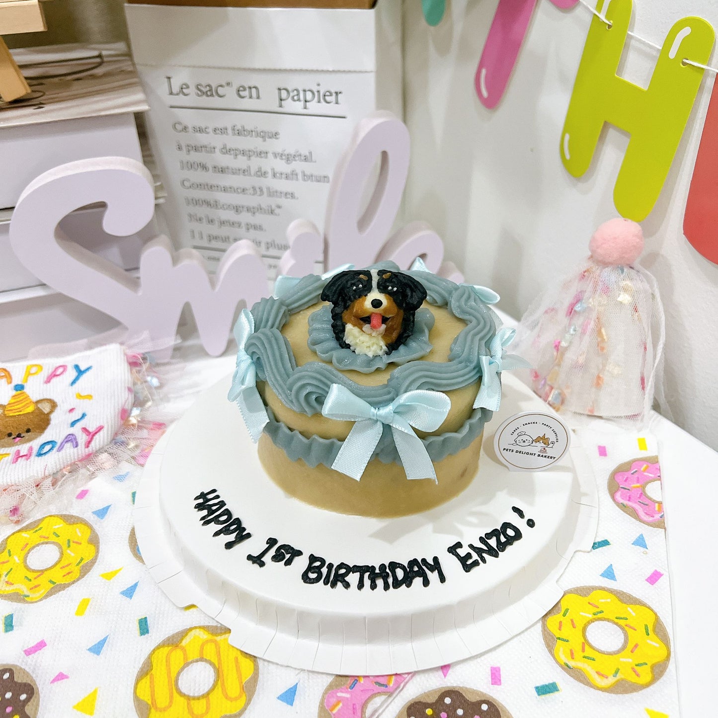 Custom 3D Dog Head In Purple Ribbon Cake (Same-day)