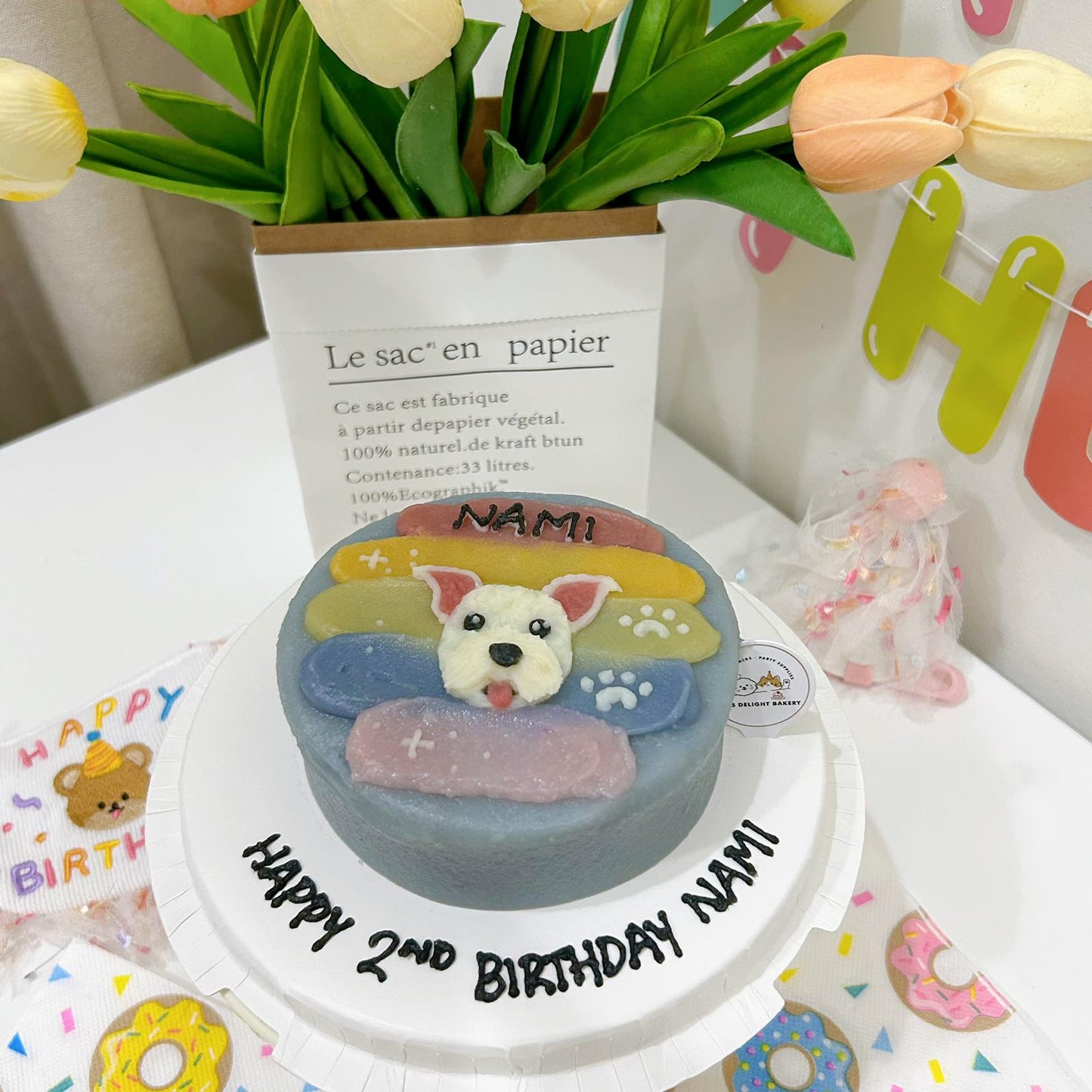 2D Custom Dog/Cat on Rainbow Cake - Pets Delight Bakery Pte Ltd