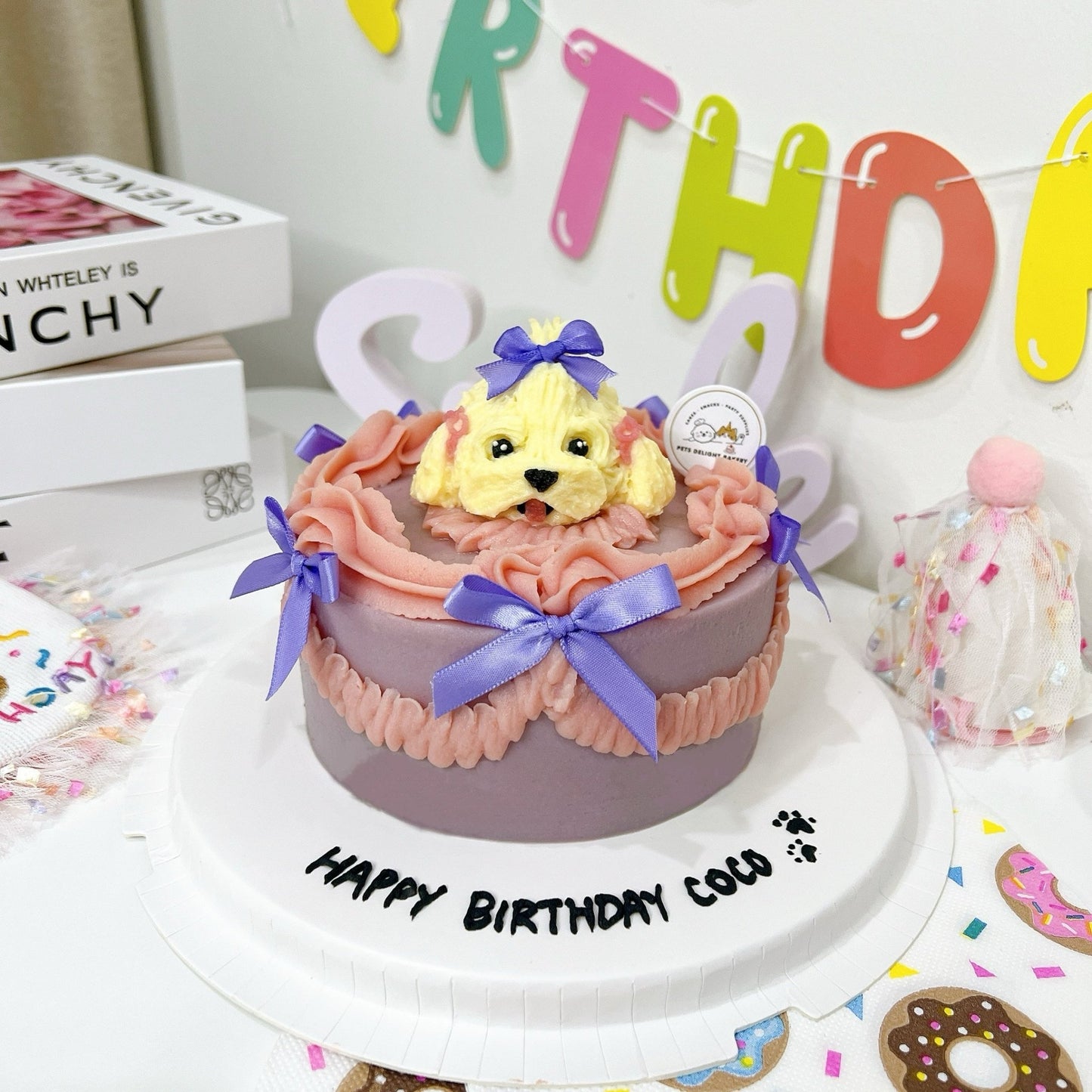 3D Dog Head Purple Ribbon Cake - Pets Delight Bakery Pte Ltd