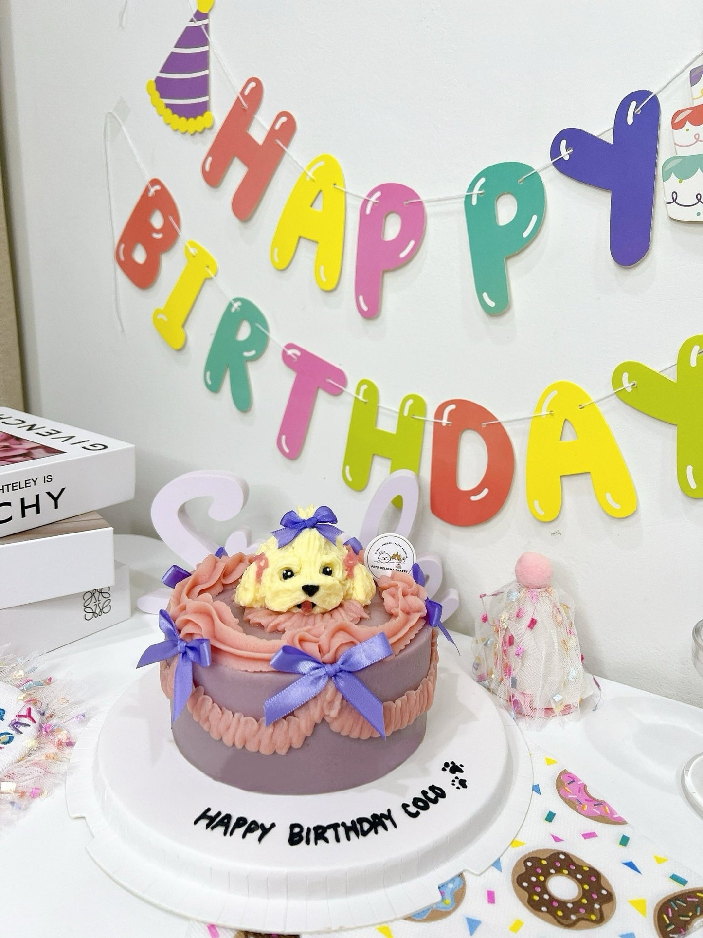 3D Dog Head Purple Ribbon Cake - Pets Delight Bakery Pte Ltd