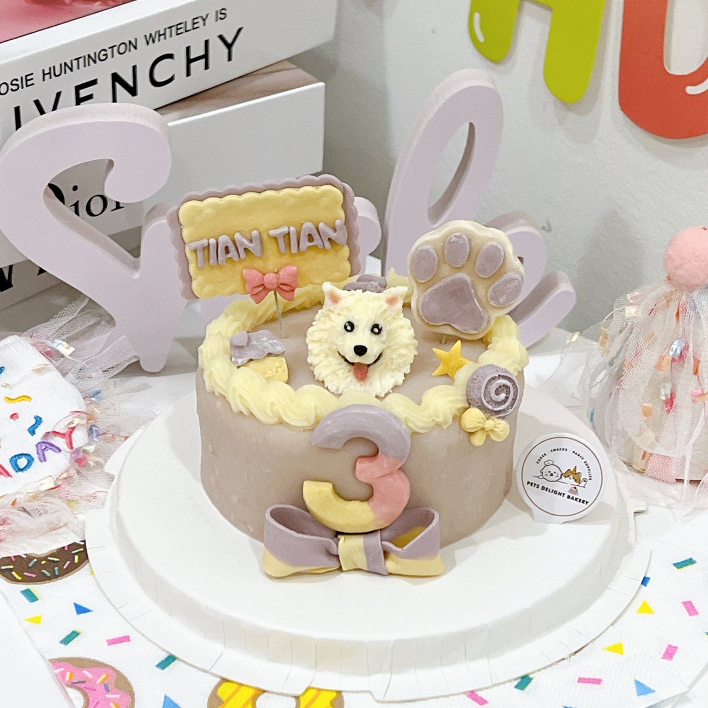 3D Dog Head Purple theme Cake - Pets Delight Bakery Pte Ltd