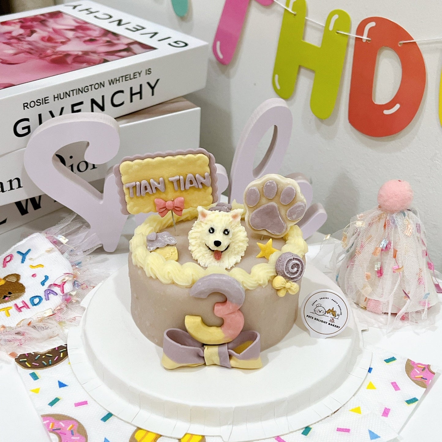 3D Dog Head Purple theme Cake - Pets Delight Bakery Pte Ltd