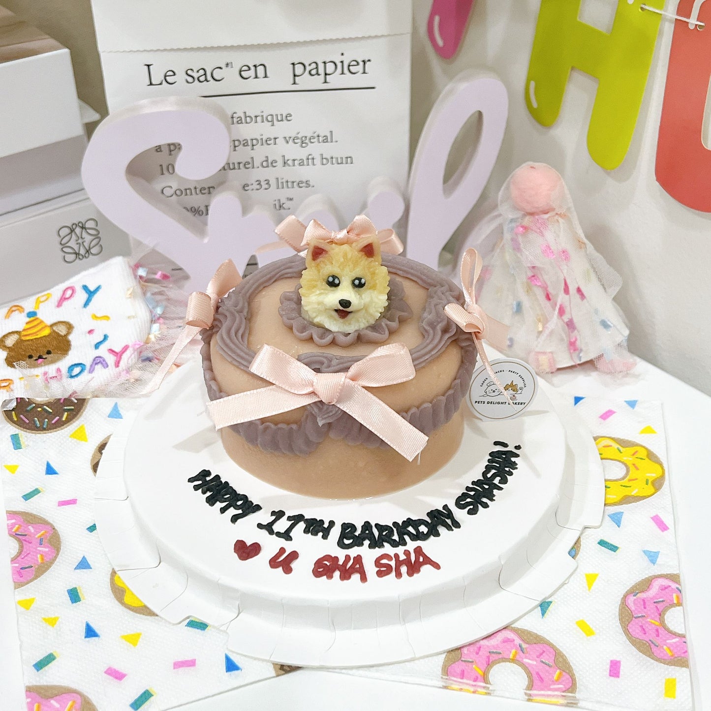 Custom 3D Dog Head In Purple Ribbon Cake