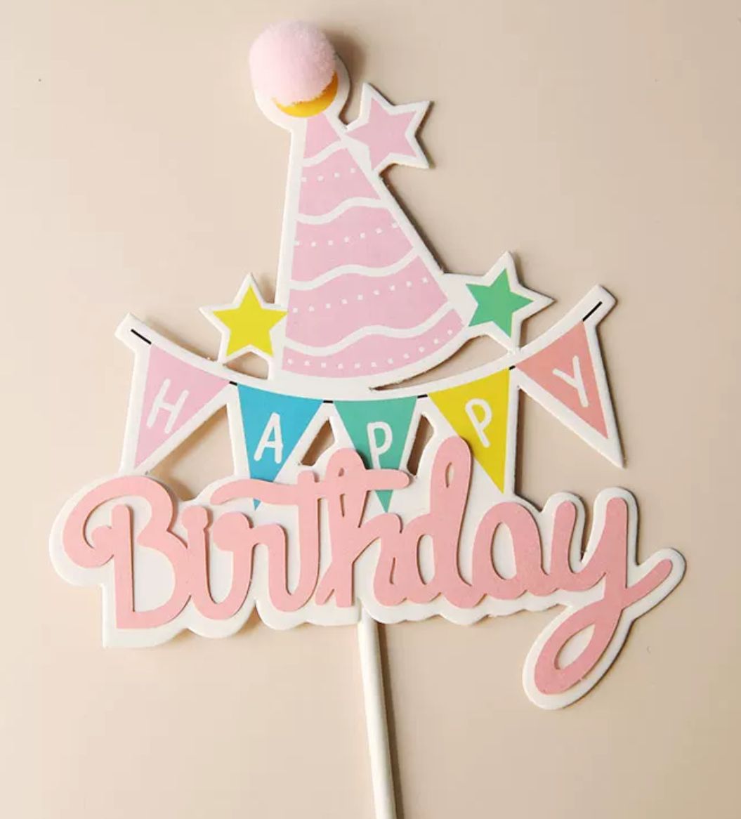 Happy Birthday with Hat Cake Topper - Pets Delight Bakery Pte Ltd
