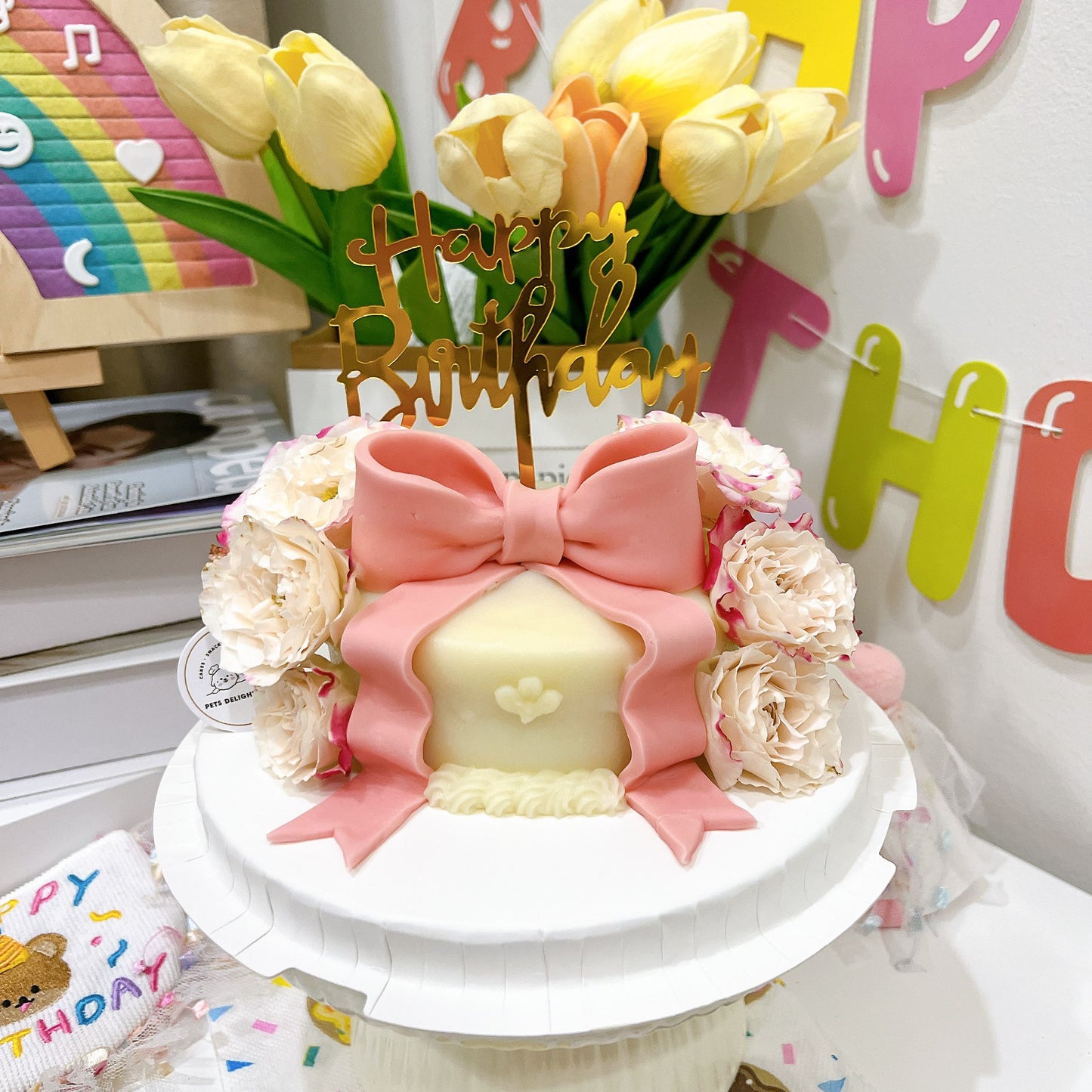 Pink Ribbon Floral Cake (for dogs n cats)