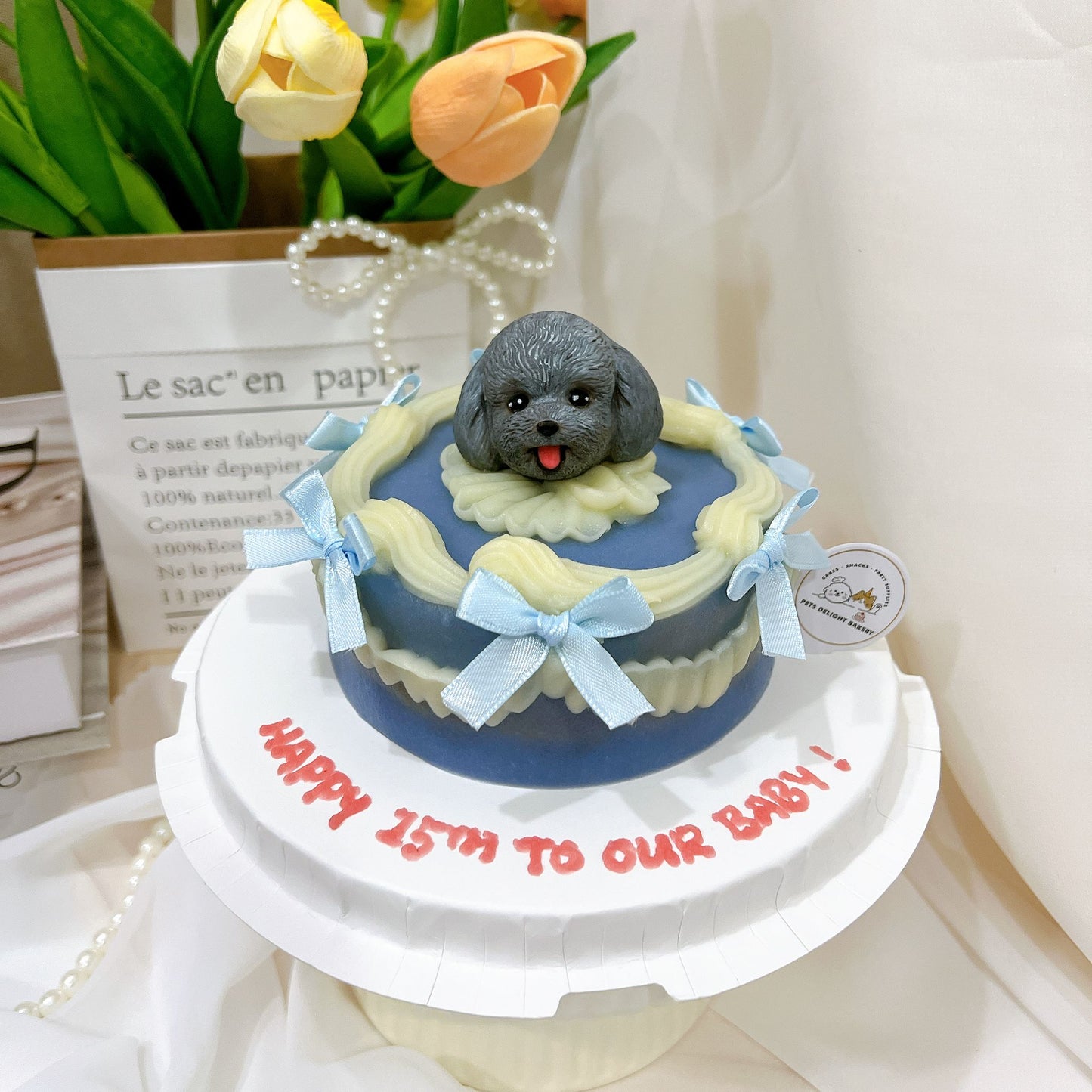 Custom 3D Dog Head In Purple Ribbon Cake (Same-day)