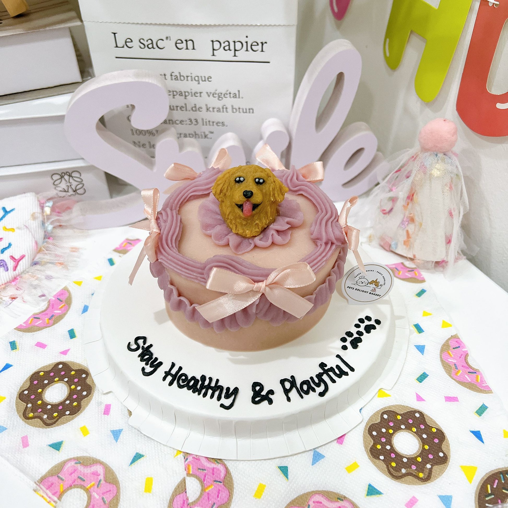 Custom 3D Dog Head In Purple Ribbon Cake (Same - day) - Pets Delight Bakery Pte Ltd