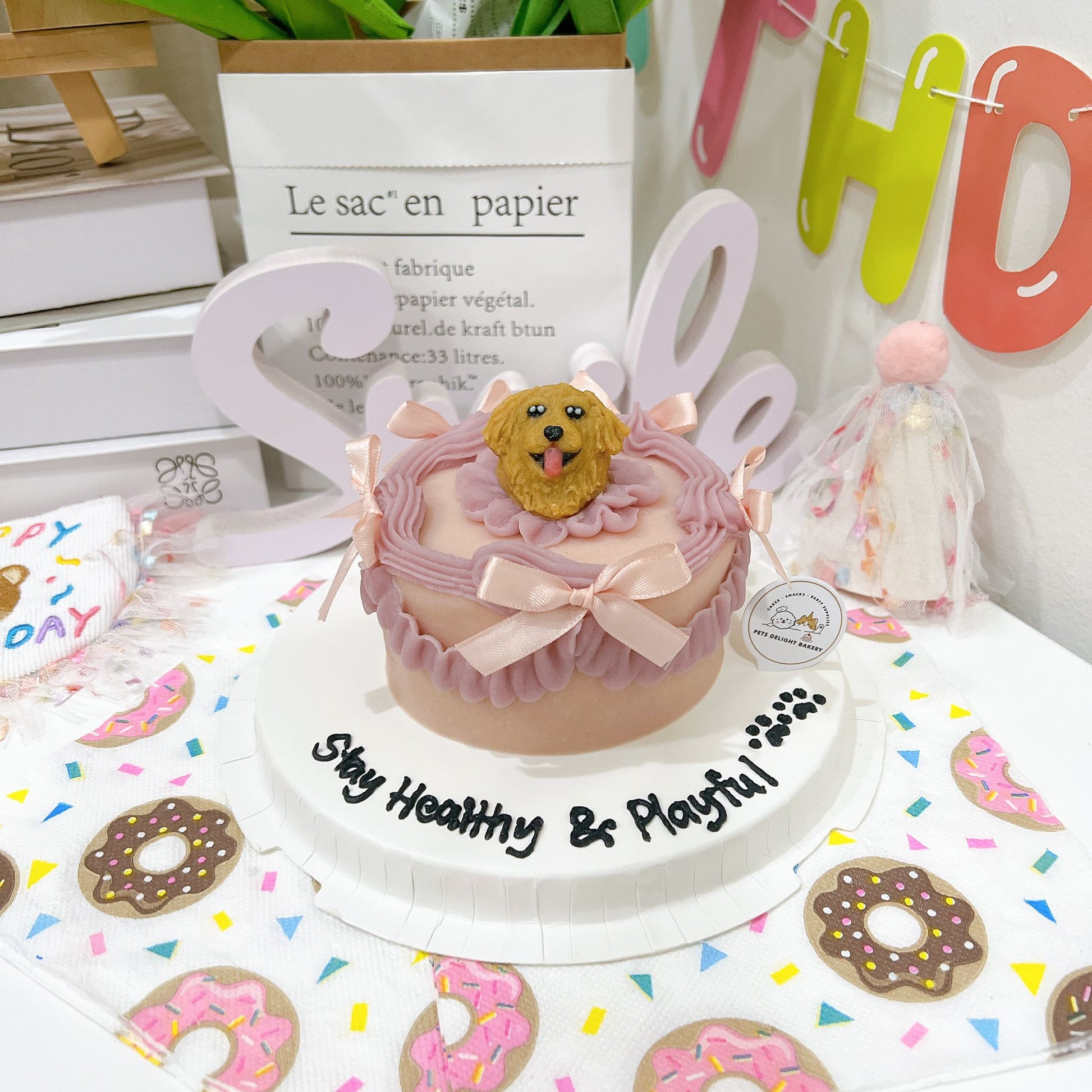 Custom 3D Dog Head In Purple Ribbon Cake (Same - day) - Pets Delight Bakery Pte Ltd