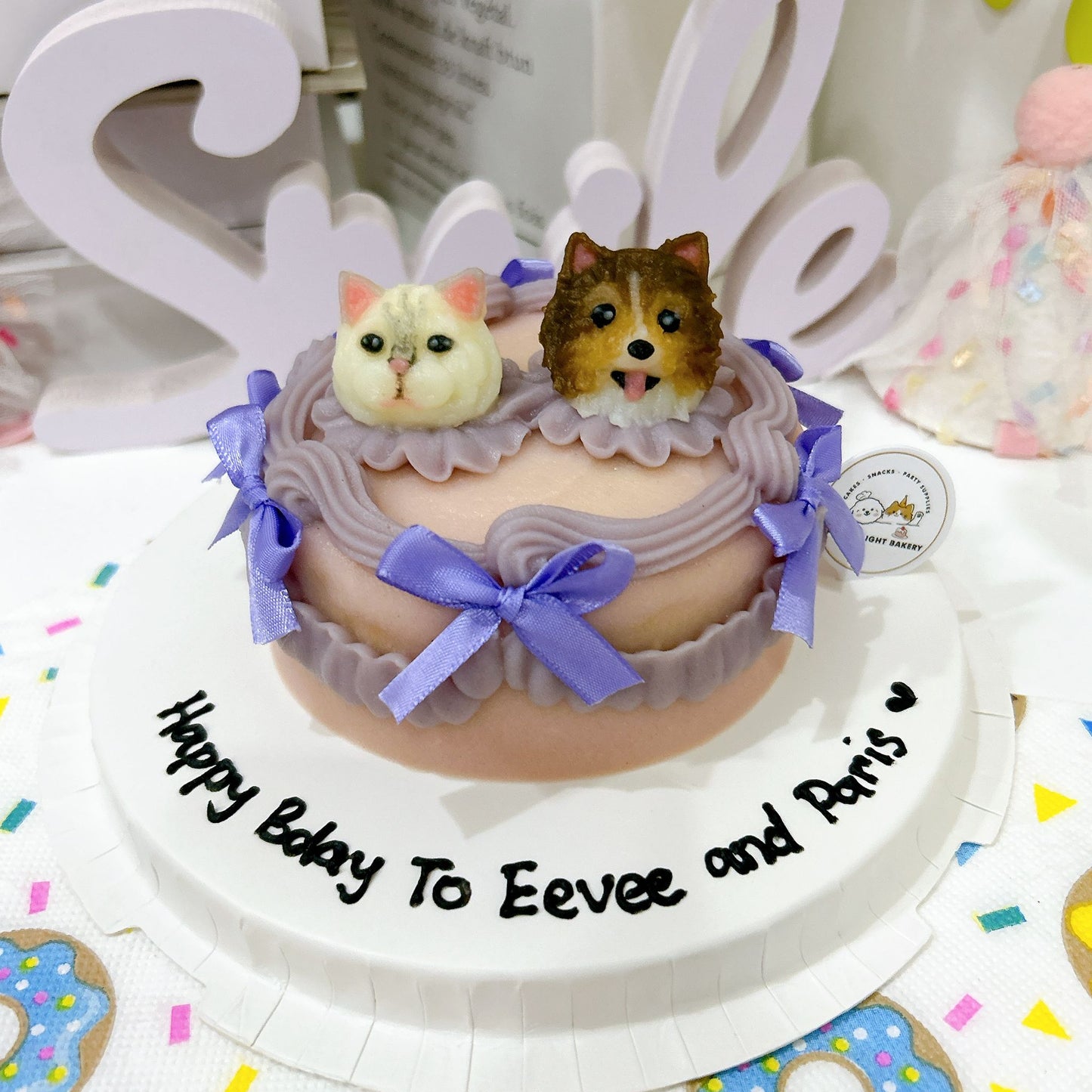 Custom 3D Dog Head In Purple Ribbon Cake (Same - day) - Pets Delight Bakery Pte Ltd