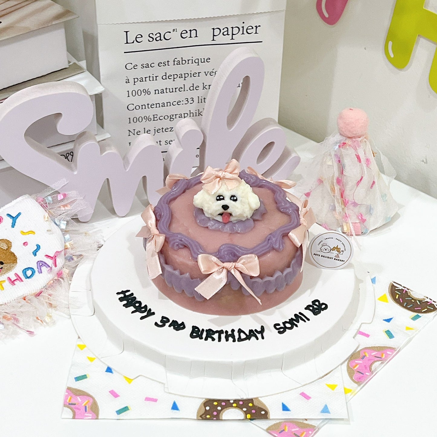 Custom 3D Dog Head In Purple Ribbon Cake (Same - day) - Pets Delight Bakery Pte Ltd