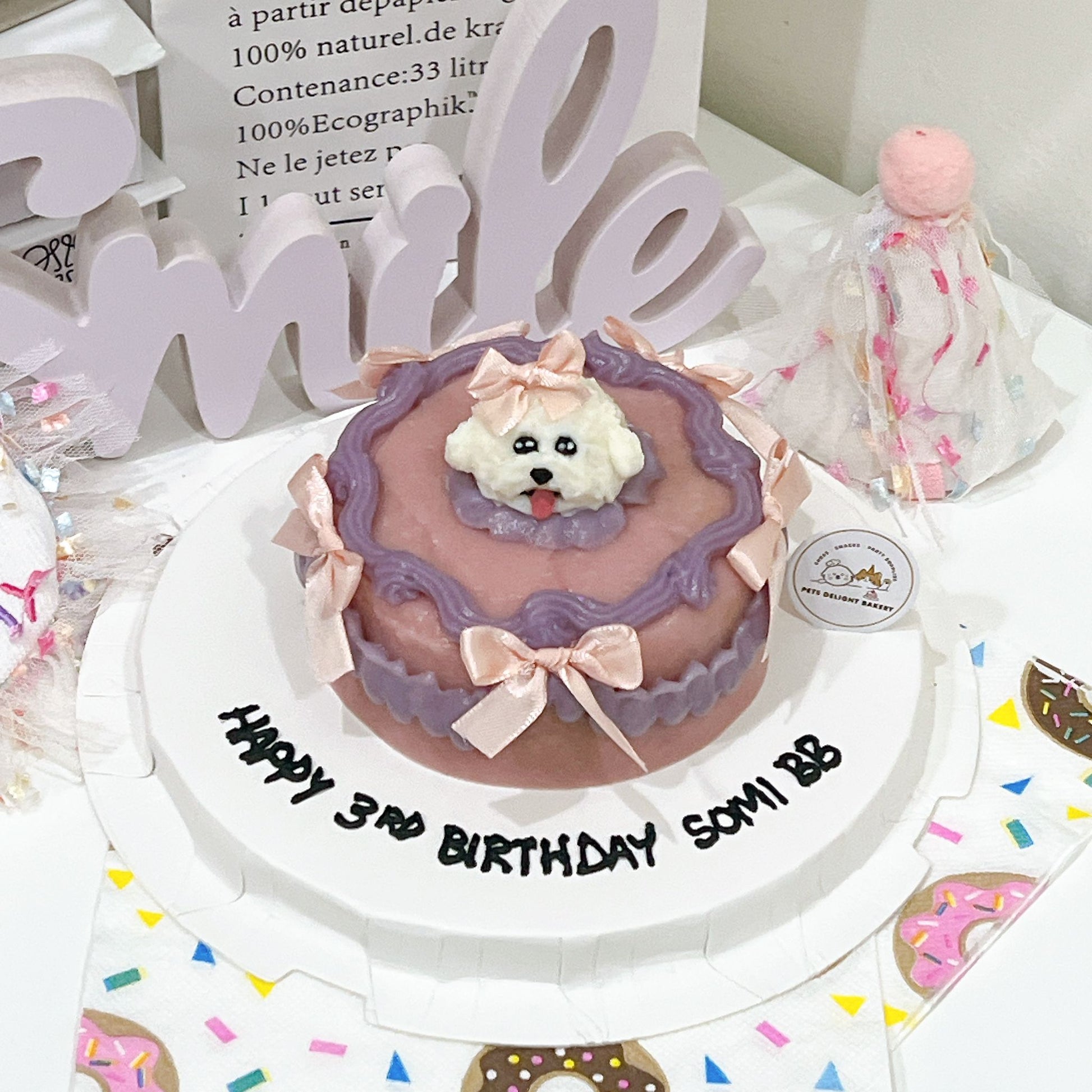 Custom 3D Dog Head In Purple Ribbon Cake (Same - day) - Pets Delight Bakery Pte Ltd