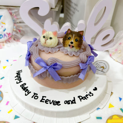 Custom 3D Dog Head In Purple Ribbon Cake (Same - day) - Pets Delight Bakery Pte Ltd