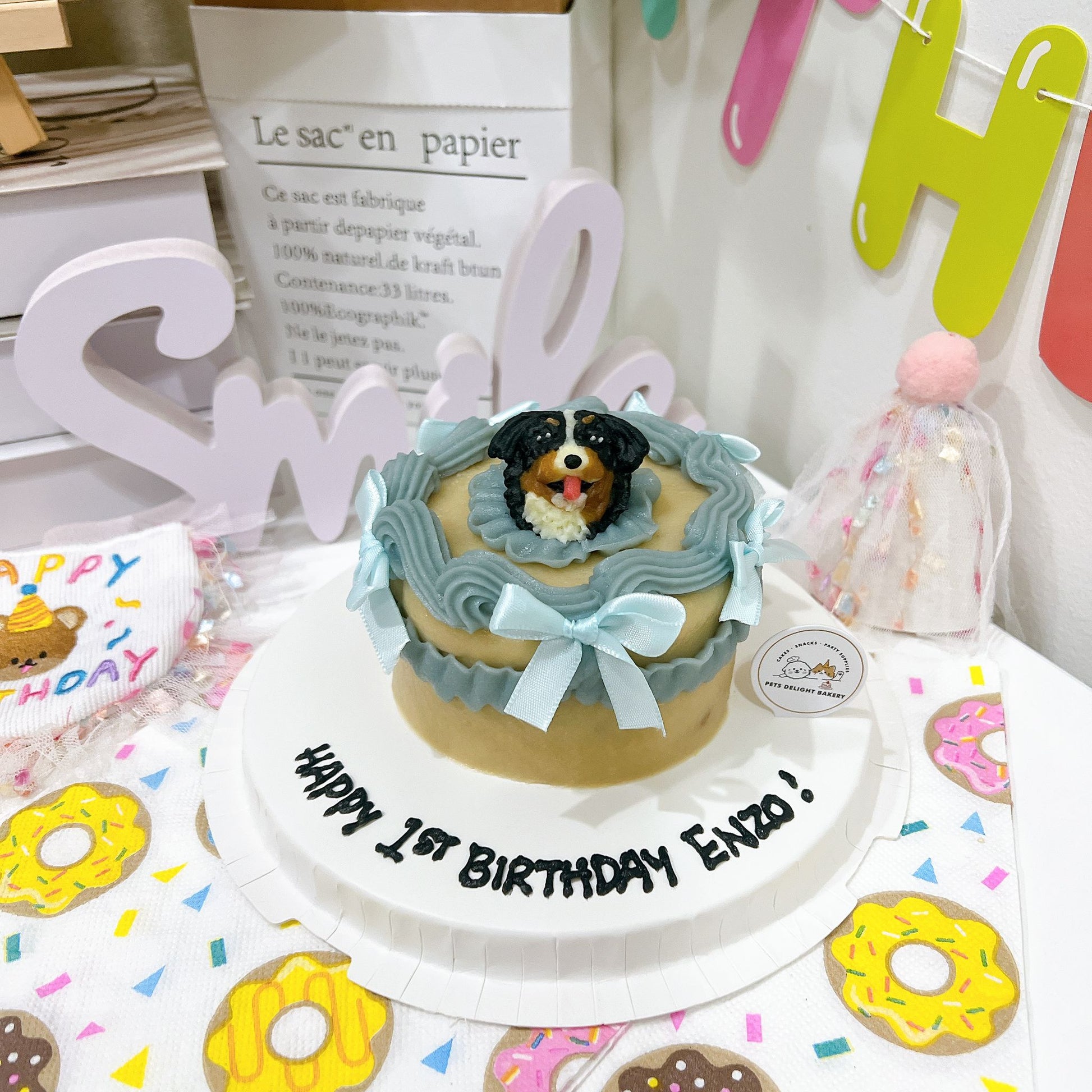 Custom 3D Dog Head In Purple Ribbon Cake (Same - day) - Pets Delight Bakery Pte Ltd