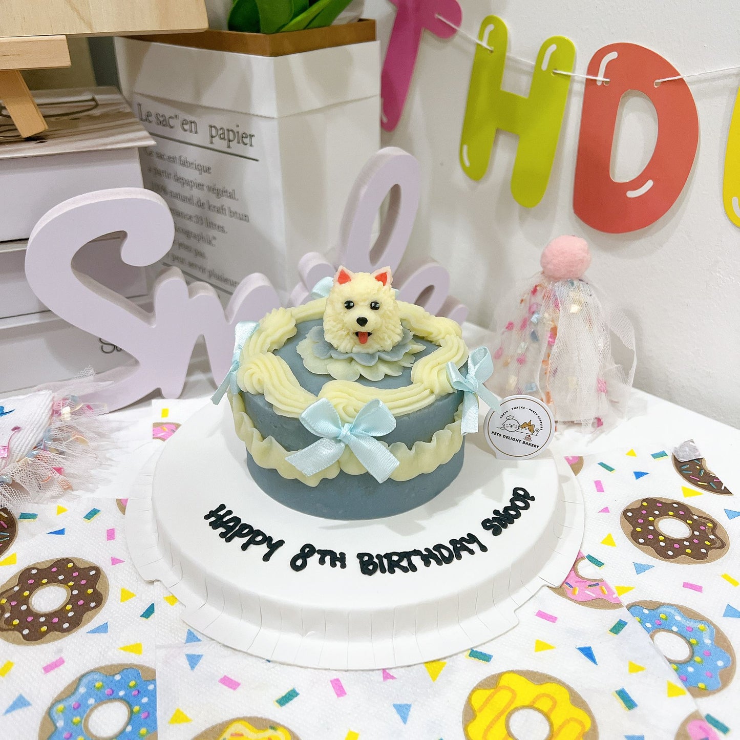 Custom 3D Dog Head In Purple Ribbon Cake (Same - day) - Pets Delight Bakery Pte Ltd