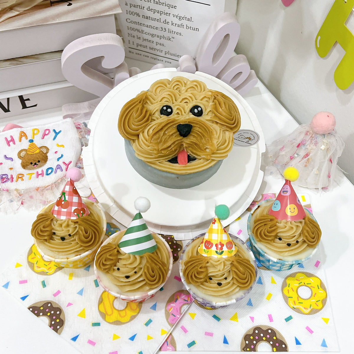 Puppy Face Cake + Party Hat Cupcakes Bundle Set (SAME-DAY) - Pets Delight Bakery Pte Ltd